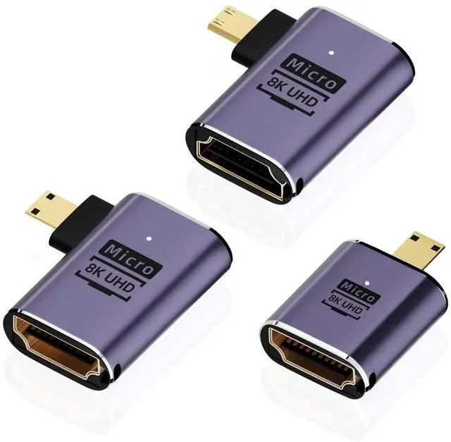 Main image of JAENFONG  8K Micro HDMI to HDMI Adapter (3 Pack), 90 Degree Left and Right Angle Micro HDMI Male to HDMI Female Cable for Sony A6000, Raspberry Pi 4, GoPro Hero 7 and Other Sport Camera