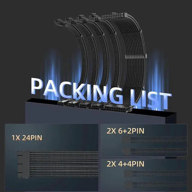 Alt view image 2 of 7 - JAENFONG PSU Cables, 18AWG PSU Cable Extension Kit, 24pin ATX /4+4pin EPS /6+2pin 35CM Length with Cable Combs PCI-E/PC Sleeved Cable for ATX Power Supply (Black)