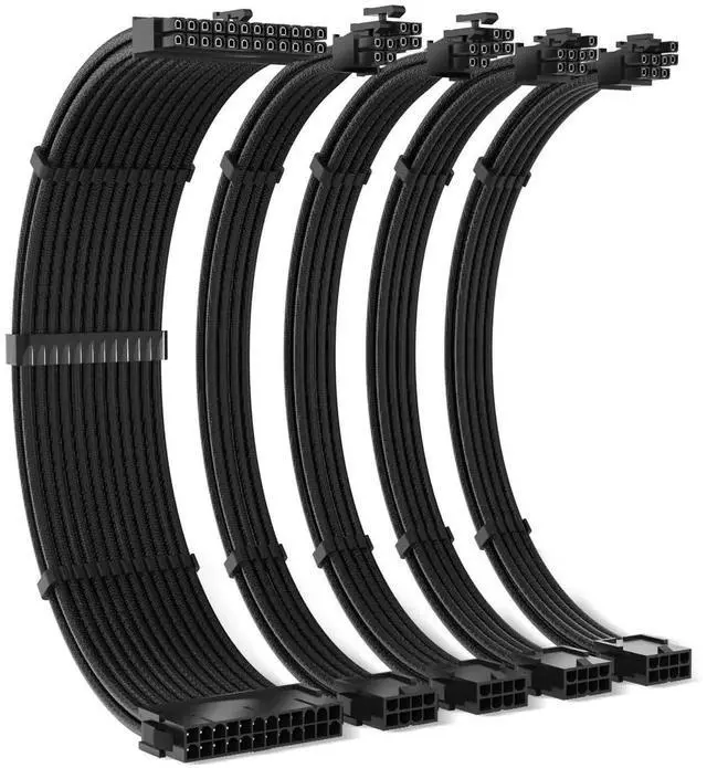 Main image of JAENFONG PSU Cables, 18AWG PSU Cable Extension Kit, 24pin ATX /4+4pin EPS /6+2pin 35CM Length with Cable Combs PCI-E/PC Sleeved Cable for ATX Power Supply (Black)