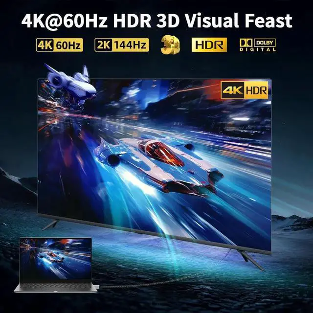 Alt view image 7 of 7 - JAENFONG DisplayPort to HDMI 4K Cable, 4K@60Hz,2K@144Hz, 6FT/1.8M Uni-Directional DP 1.2 to HDMI 1.4, Nylon Braided Cord Support 3D UHD, Compatible for D.ell, NVIDIA, AMD, L.enovo, HP, Monitor