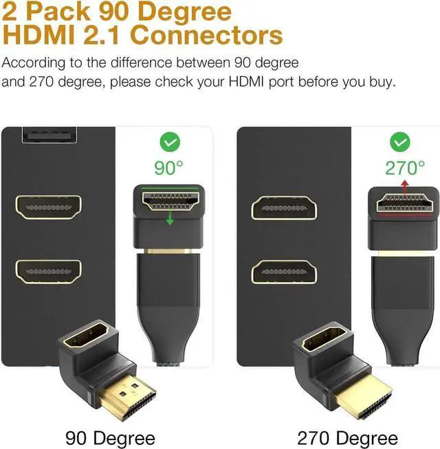 Alt view image 2 of 6 - JAENFONG  8K HDMI Extension Adapter, 2 Pack 90 Degree Right Angle HDMI 2.1 Male to Female Extender Adapter, Support 8K@60Hz, 4K@144Hz, 2K@240Hz, HDR, eARC for Roku, PS4, PS5, HDTV, Xbox