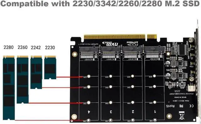Alt view image 5 of 6 - JAENFONG Quad M.2 NVME SSD to PCIe 4.0/3.0 x16 Expansion Card,4-Drive M-Key SSD 4x32Gbps Soft Raid Card with LED Indicator for 2280/2260/2242/2230 PCIe-Base M2 SSD