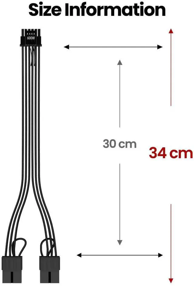 Alt view image 6 of 7 - JAENFONG 16 Pin GPU Cable Adapter - PCIe 5.0 12VHPWR Extension 30cm - (12+4) Male to PCIE 2x8Pin Female Sleeved 12v-2x6 Extender Cord for GeForce RTX 4090 4080 4070ti 3090ti Black