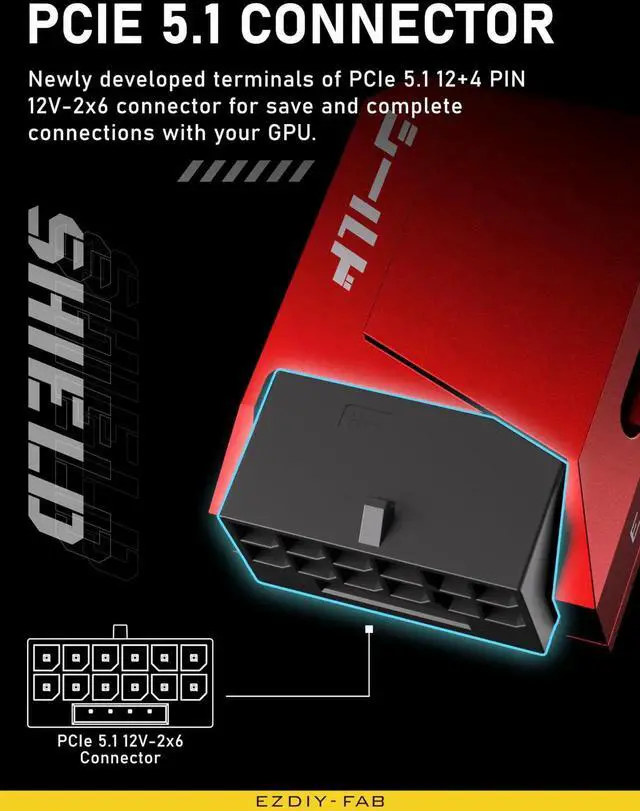 Alt view image 5 of 7 - JAENFONG PCIe 5.1 Adapter - 600W 12+4pin,16pin 12VHPWR GPU Power Connector,12V-2x6 GPU Adapter,90 Degree Right Angle - Compatible with RTX 3090Ti, 4070Ti, 4080, 4090 GPU - STD Type, Red, 1 Pack