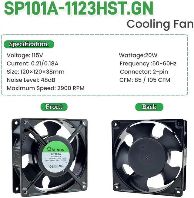 Alt view image 2 of 7 - JAENFON for SUNON SP101A-1123HST.GN Cooling Fan,115V 50/60Hz 0.21/0.18AMP 120X120×38mm Dual Ball Bearing Cooling Fan,2900RPM 2-pin Connector