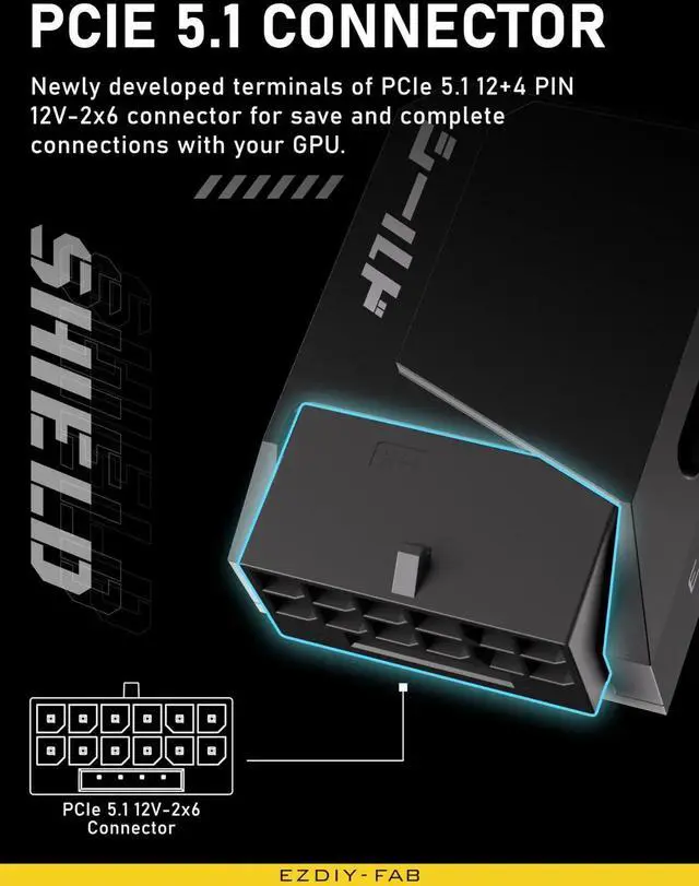 Alt view image 7 of 7 - JAENFONG PCIe 5.1 Adapter - 600W 12+4pin,16pin 12VHPWR GPU Power Connector,12V-2x6 GPU Adapter,90 Degree Right Angle - Compatible with RTX 3090Ti, 4070Ti, 4080, 4090 GPU -STD Type, Black, 1 Pack