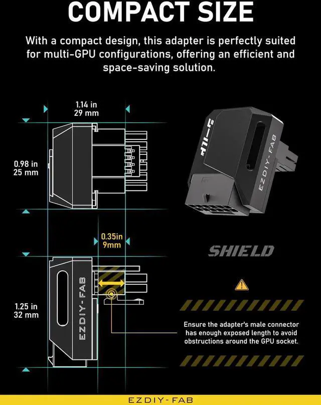 Alt view image 3 of 7 - JAENFONG PCIe 5.1 Adapter - 600W 12+4pin,16pin 12VHPWR GPU Power Connector,12V-2x6 GPU Adapter,90 Degree Right Angle - Compatible with RTX 3090Ti, 4070Ti, 4080, 4090 GPU -STD Type, Black, 1 Pack