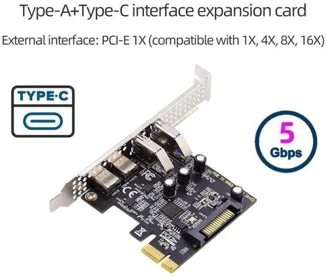 Alt view image 2 of 7 - JAENFONG 4 Port PCI-E 1X to 2 USB 3.0/USB C HUB PCI Express Expansion Card Adapter with 80/120mm PCI-E Slot Bracket with Extra SATA Power