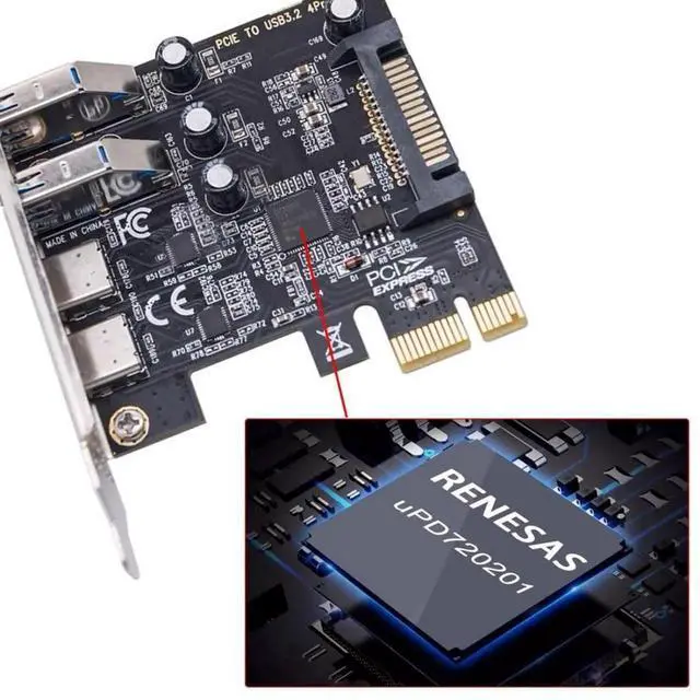 Alt view image 4 of 7 - JAENFONG 4 Port PCI-E 1X to 2 USB 3.0/USB C HUB PCI Express Expansion Card Adapter with 80/120mm PCI-E Slot Bracket with Extra SATA Power