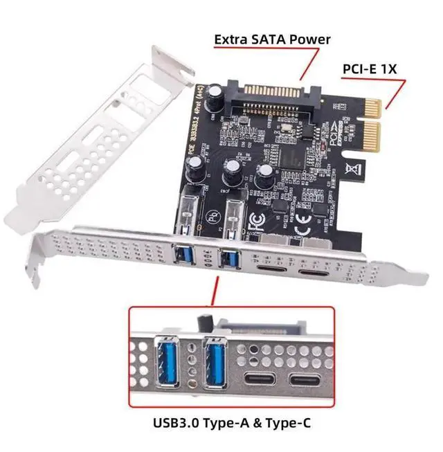 Alt view image 5 of 7 - JAENFONG 4 Port PCI-E 1X to 2 USB 3.0/USB C HUB PCI Express Expansion Card Adapter with 80/120mm PCI-E Slot Bracket with Extra SATA Power