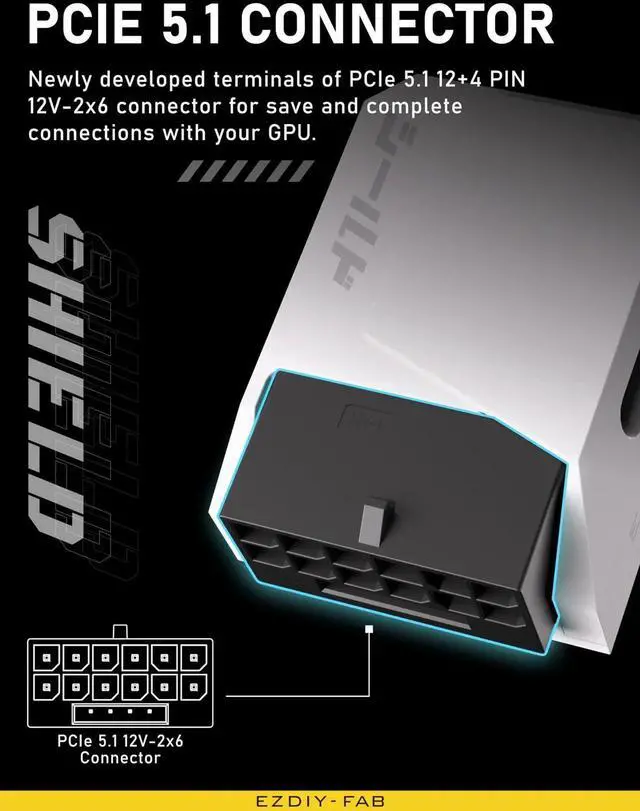 Alt view image 3 of 7 - JAENFONG PCIe 5.1 Adapter - 600W 12+4pin,16pin 12VHPWR GPU Power Connector,12V-2x6 GPU Adapter,90 Degree Right Angle - Compatible with RTX 3090Ti, 4070Ti, 4080, 4090 GPU - STD Type, White, 1 Pack