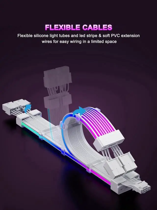 Alt view image 3 of 7 - JAENFONG RGB 12VHPWR Cable Set,ARGB PSU Extension of Soft LED Strip Include 24Pin ATX,16 Pin to 2×8 Pin GPU Power Supply Cables for RTX 5090 5080 4080 PC Custom