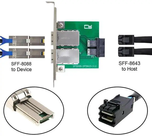 Alt view image 4 of 7 - JAENFONG Mini SAS 2 SFF-8088 to 2 SFF-8643 HD Data Server Converter Adapter with Bracket