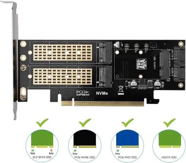 Alt view image 2 of 3 - JAENFONG 3 in 1 NGFF and MSATA SSD Adapter Card M.2 NVME to PCIe 16X/M.2 SATA SSD to SATA III to SATA Converter+2 SATA Cable