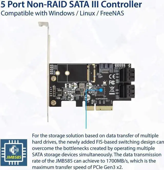 Alt view image 6 of 6 - JAENFONG  5 Port Non-Raid SATA III 6GB/S Pci-E X4 Controller Card for Desktop PC Support SSD and HDD with Low Profile Bracket. JMB585 Chipset SI-PEX40139