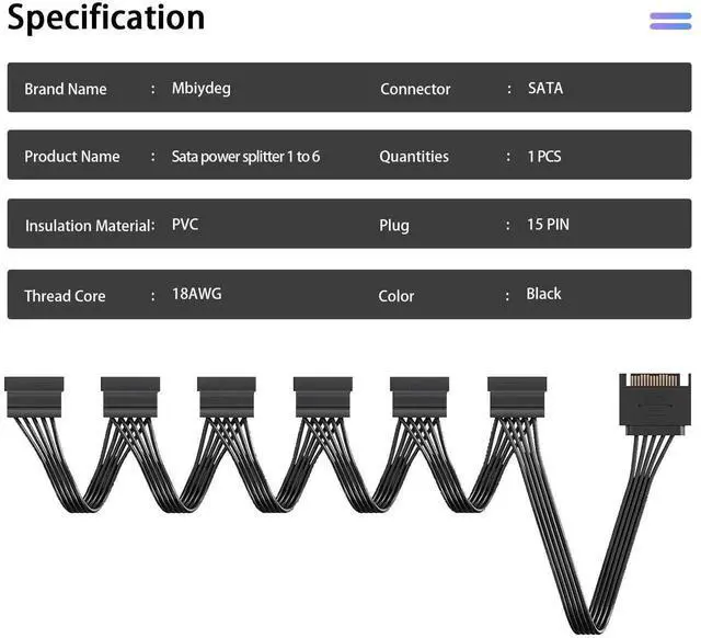 Alt view image 3 of 7 - JAENFONG sata Power Splitter Cable 6 Way, 15 Pin SATA to 6 for HDDSSDOptical Drives, sata Power Connector Supply Extension Cable, Black