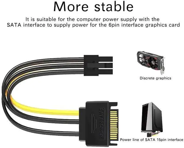 Alt view image 2 of 6 - JAENFONG 6 Pin SATA Power Cable 3 Pack SATA 15-Pin to 6-Pin PCI Express Card Power Cable Adapter 8 Inch