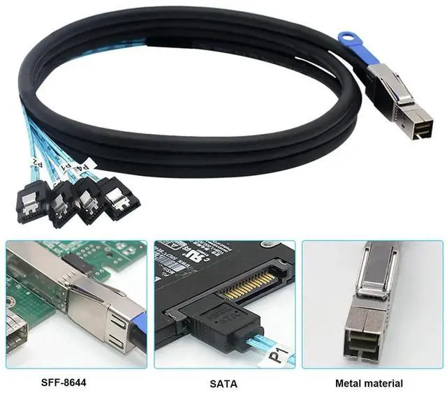 Alt view image 4 of 5 - JAENFONG SFF-8644 to 4 Sata 7 Pin Cable, External Mini SAS HD SFF-8644 to 4 Port SATA Cable, Hard Disk Data Server Raid Cable 1 Meter 3.2 FT