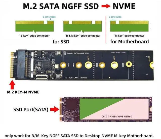Alt view image 6 of 7 - JAENFONG M.2 SSD SATA NGFF B+M Key to NVME M-Key Expansion Card Converter Adapter JMB582 Chipset for Motherboard 2230/2242/2260/2280/22110