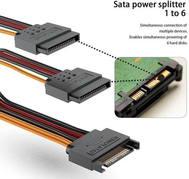 Alt view image 4 of 7 - JAENFONG 3-Pack 15 Pin SATA Power Splitter Cable, 8 Inch Sata Male to 2X Female Cable for HDDSSDOptical Drives