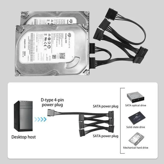 Alt view image 3 of 7 - JAENFONG IDE to SATA Power Cable LP4 4 Pin 1 to 6×15 Pin SATA Splitter Supply Adapter Converter Cable for PC Server Hard Drive