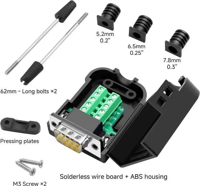 Alt view image 2 of 5 - JAENFONG DB9 Breakout Connector, Male 9PIN Port RS232 Serial Adapter, Solderless Module Board with Screw Terminals, Case, Long Bolts