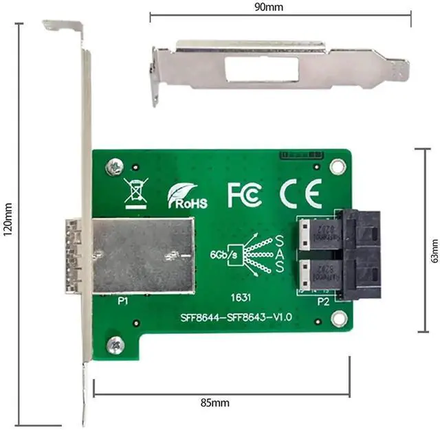 Alt view image 3 of 7 - JAENFONG Dual Ports Mini SAS HD SFF-8644 to Internal SAS HD SFF-8643 PCBA Female Adapter with Low Profile Bracket