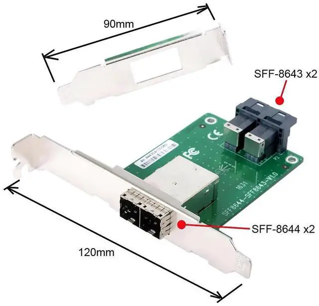 Alt view image 2 of 7 - JAENFONG Dual Ports Mini SAS HD SFF-8644 to Internal SAS HD SFF-8643 PCBA Female Adapter with Low Profile Bracket