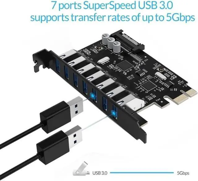 Alt view image 3 of 3 - JAENFONG Super Speed 7 Port USB 3.0 PCI-E Express Card With A 15 Pin SATA Power Connector PCIE Adapter