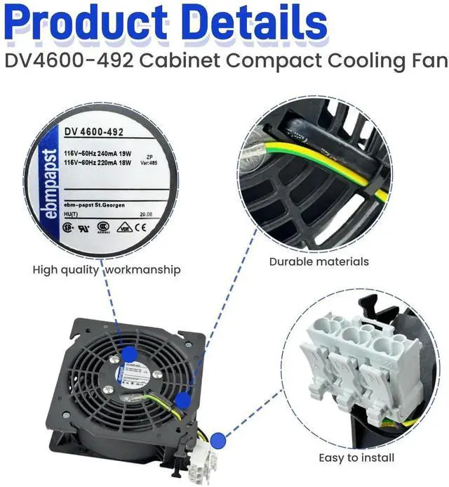 Alt view image 5 of 7 - JAENFONG  DV4600-492 Cabinet Compact Cooling Fan 115V 18/19W 220/240mA 12CM 120×120×38mm 3100RPM 2-Wire Axial Flow Fan for Rittal Cabinet