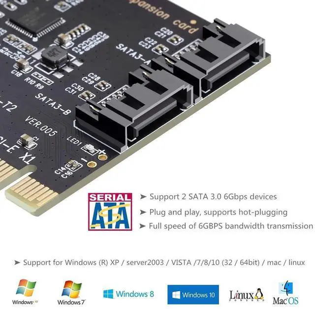 Alt view image 4 of 7 - JAENFONG MHQJRH PCI Express 3.0 (2-Port) Controller Card, PCIe to SATA III 6Gb/s Converter, Supports SSD and HDD, Includes Bracket and 2 SATA Cables