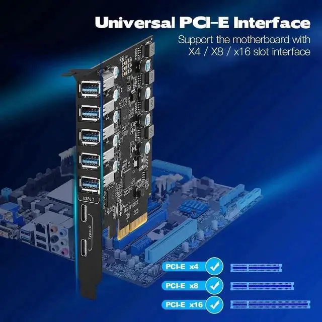 Alt view image 3 of 7 - 7 Port USB 3.2 PCIE Expansion Card, 10Gbps High Speed Transmission Stable Power USB 3.2 Front Expansion Card, 7 External USB3.2 Ports (2X USB C - 5X USB A)