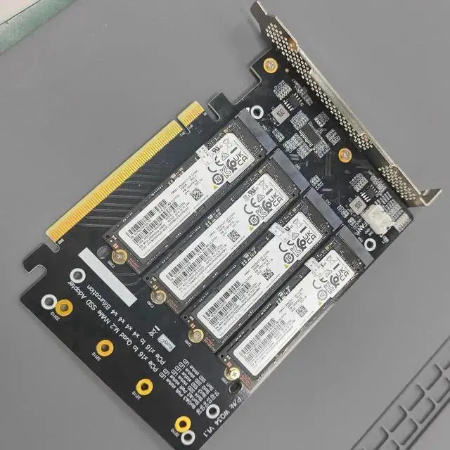 Alt view image 5 of 7 - JAENFONG PCIe 4.0 16x to 4X M.2 NVME SSD Adapter Card PCIe 4.0 GEN4 Full Speed Bifurcation Four-Bay Board Expansion Card 1 to 4 M.2 NVMe SSD Adapter Support 2242 2260 2280 22110 (No Heatsink)