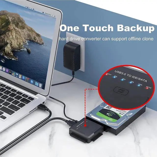 Alt view image 7 of 7 - JAENFONG USB 3.0 to SATA IDE Adapter Cable w/One Touch Backup, External Hard Drive Reader for Universal 2.5" 3.5" SSD HDD CD/DVD Optical Drives, Data Recovery Converter w/12V/2A Power Adapter