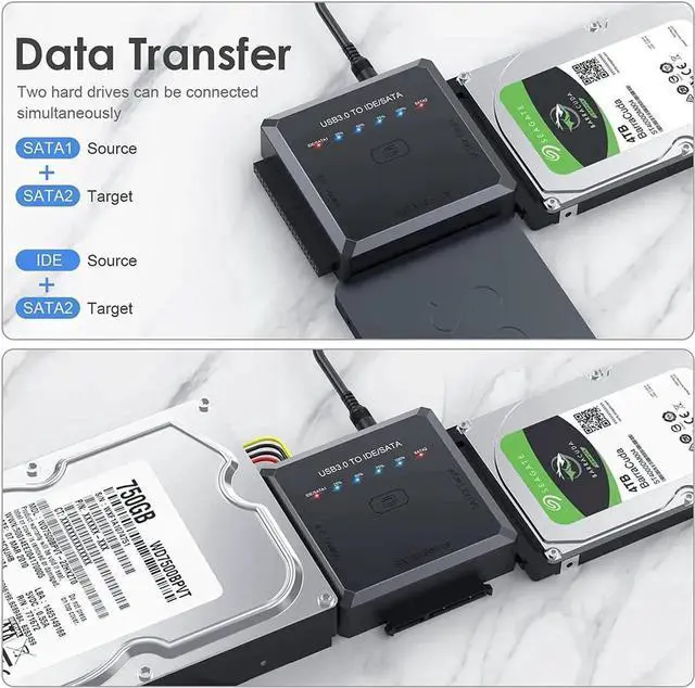 Alt view image 6 of 7 - JAENFONG USB 3.0 to SATA IDE Adapter Cable w/One Touch Backup, External Hard Drive Reader for Universal 2.5" 3.5" SSD HDD CD/DVD Optical Drives, Data Recovery Converter w/12V/2A Power Adapter