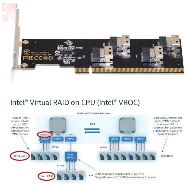 Alt view image 3 of 7 - JAENFONG  Four 4X Slimline SFF-8654 X4 NVME to PCI-Express X16 3.0 4.0 Raid Card VROC Raid0 Hyper Adapter