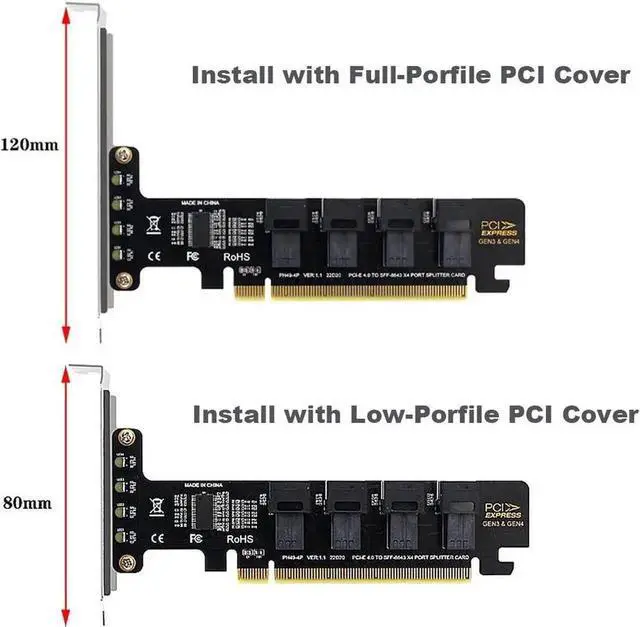 Alt view image 4 of 7 - JAENFONG Quad U.2 NVME SSD to PCIe 4.0/3.0 x16 Expansion Card,4-Drive U.2 SSD 32Gbps Card with LED Indicator,PCIe x16 to SFF-8643 for SFF-8639 U.2 HDD with Full Profule and Low Profile PCI Brackets