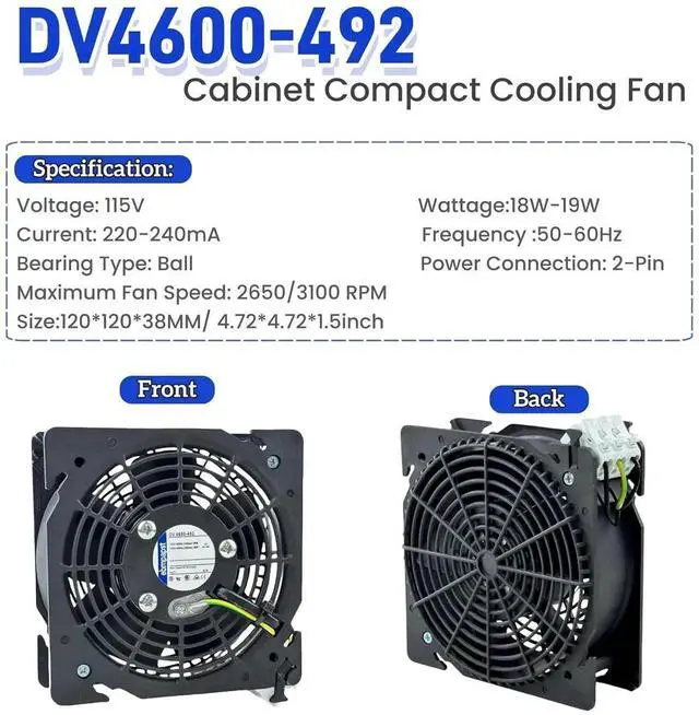 Alt view image 4 of 7 - JAENFONG  DV4600-492 Cabinet Compact Cooling Fan 115V 18/19W 220/240mA 12CM 120×120×38mm 3100RPM 2-Wire Axial Flow Fan for Rittal Cabinet
