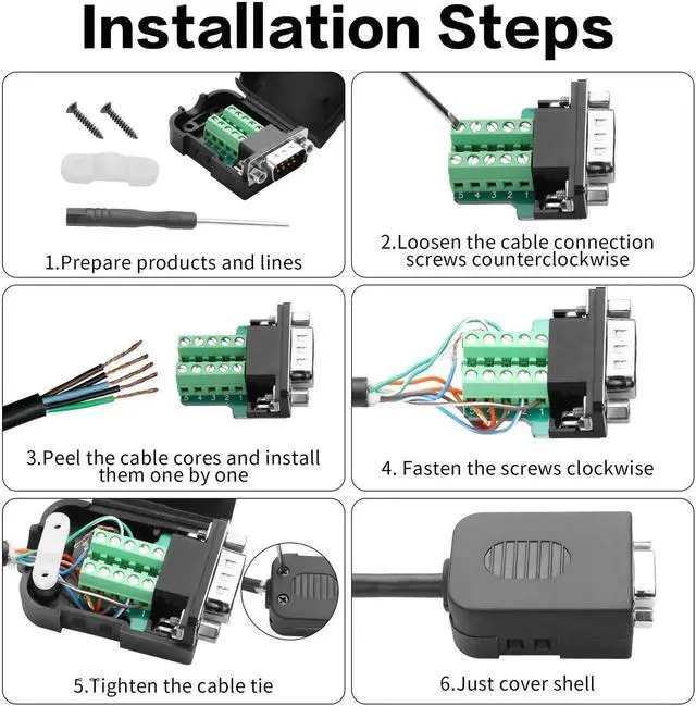 Alt view image 3 of 7 - JAENFONG  1 Pair DB9 Breakout Connector RS232 D-SUB 9-Pin Port Male+Female Serial Solderless Adapter Terminal Connector Signal Module with case (B, Nuts)