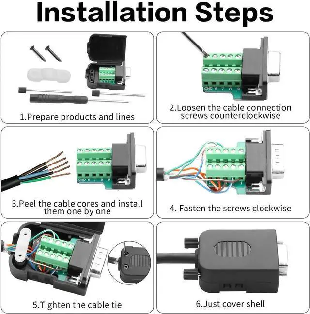 Alt view image 3 of 7 - JAENFONG  1 Pair DB9 Breakout Connector RS232 D-SUB 9-Pin Port Male+Female Serial Solderless Adapter Terminal Connector Signal Module with case (B, Long Bolts)