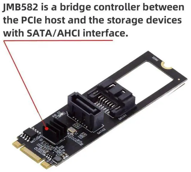 Alt view image 2 of 7 - JAENFONG M.2 NGFF Key B+M 1 to 2 SATA 3.0 6Gbps Hard Drive Mainboard Header Port Extension Card Adapter JMB582 2280mm