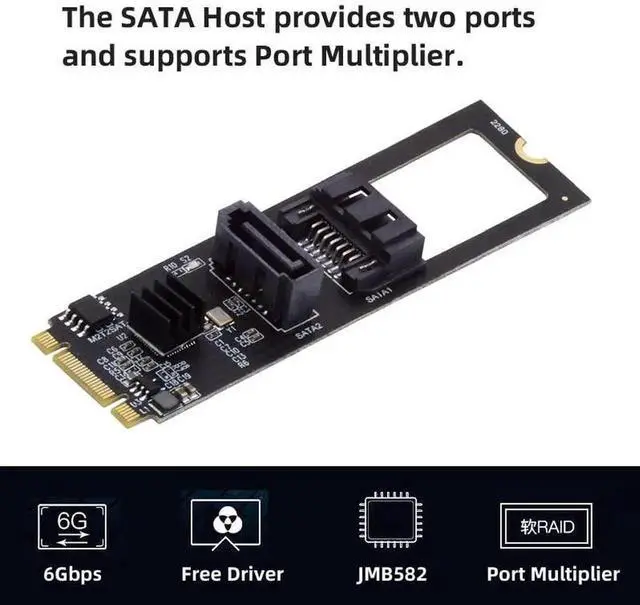 Alt view image 3 of 7 - JAENFONG M.2 NGFF Key B+M 1 to 2 SATA 3.0 6Gbps Hard Drive Mainboard Header Port Extension Card Adapter JMB582 2280mm