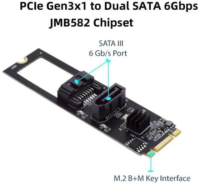 Alt view image 4 of 7 - JAENFONG M.2 NGFF Key B+M 1 to 2 SATA 3.0 6Gbps Hard Drive Mainboard Header Port Extension Card Adapter JMB582 2280mm