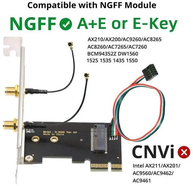 Alt view image 7 of 7 - JAENFONG  PCI-E X1 to NGFF A+E/E-Key Wireless Network Card PCI Express Expansion Card Adapter with Dual Antenna for Wifi5 Wifi6 Wifi6E,Bluetooth 5.3(USB Port),Supports Windows 11/10
