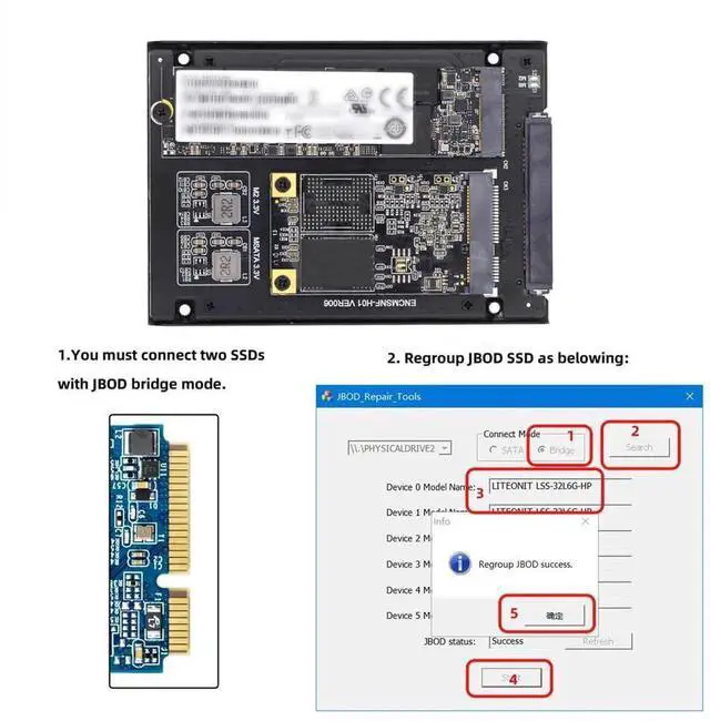 Alt view image 5 of 7 - JAENFONG Dual MSATA NGFF B+M SSD Card JBOD Raid0 Span Bridge to 2.5inch SATA Combo HDD Disk Drive Enclosure