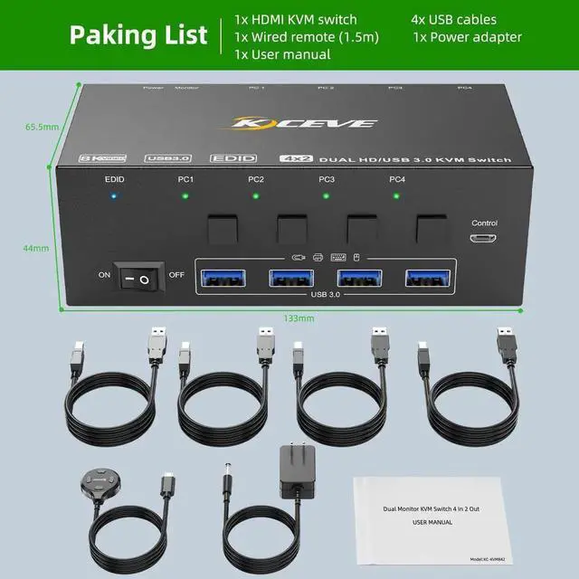 Alt view image 4 of 7 - JAENFONG  KVM Switch 2 Monitors 4 Computers HDMI, 8K@60Hz, 4K@144 Hz USB 3.0 KVM Switcher Box with EDID Emulator for 4 Computers Share Mouse Keyboard and Monitor, Stable Chip, Great Compatibility