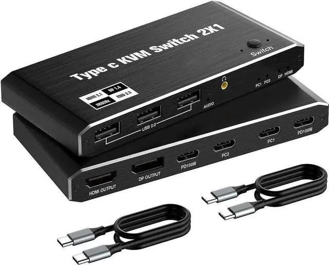 Main image of USB C KVM Switch 8K @60Hz 4K @120Hz, 2 Port Type C KVM Switch for 2 Computers Share 1 Monitor [HDMI + DisplayPort Output], USB C KCM with 3 USB 2.0 Ports & 100W Power Delivery, 2 USB-C Cables Included