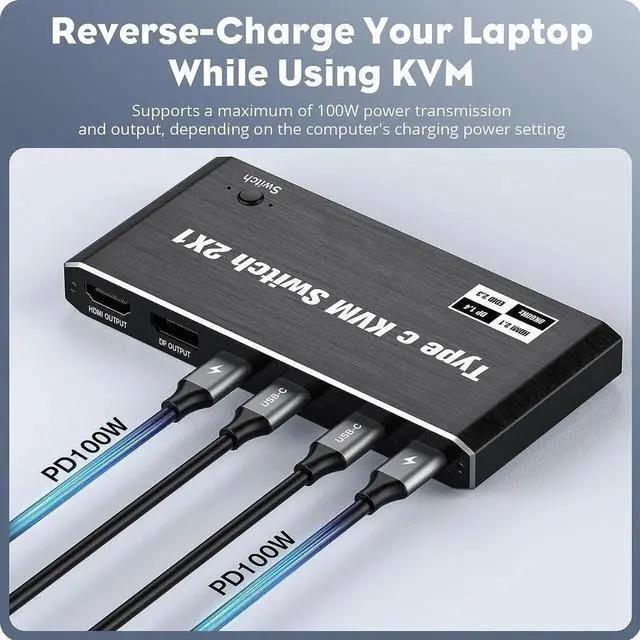 Alt view image 2 of 7 - USB C KVM Switch 8K @60Hz 4K @120Hz, 2 Port Type C KVM Switch for 2 Computers Share 1 Monitor [HDMI + DisplayPort Output], USB C KCM with 3 USB 2.0 Ports & 100W Power Delivery, 2 USB-C Cables Included