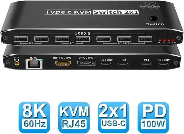 Main image of JAENFONG  2x1 Type C KVM Switch, 8K Thunderbolt 4 USB C KVM Switch with Ethernet Port RJ45 100W PD Charge 4K 144Hz Type C KVM Switch Switcher for 2 Computer 1 Monitor