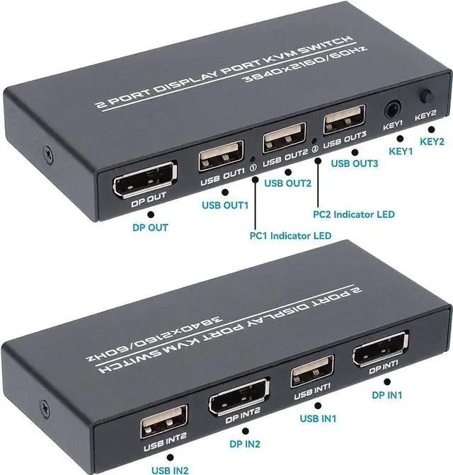 Main image of JAENFONG  DisplayPort KVM Switch 2 Ports, USB Switch Share Monitor Keyboard and Mouse for Laptop, DP Display Port KVM Switcher Support 4K @60Hz, with 2 DisplayPort Cables and 2 USB Cables